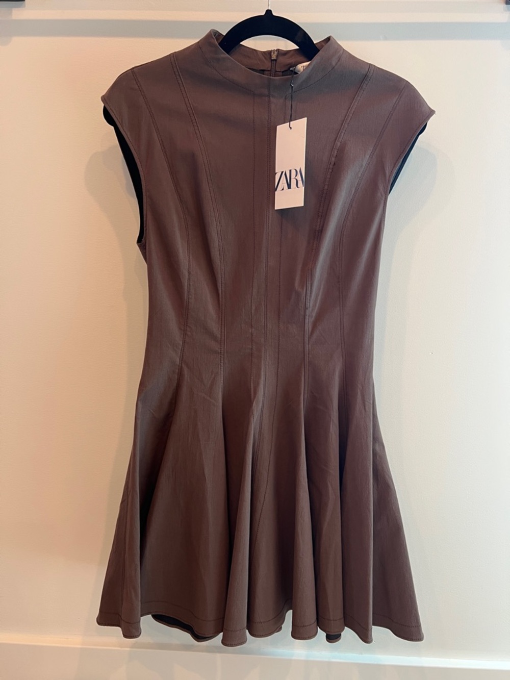 NWT Zara Mini Skater Godet Dress Brown size Small (S) - Picture 4 of 5